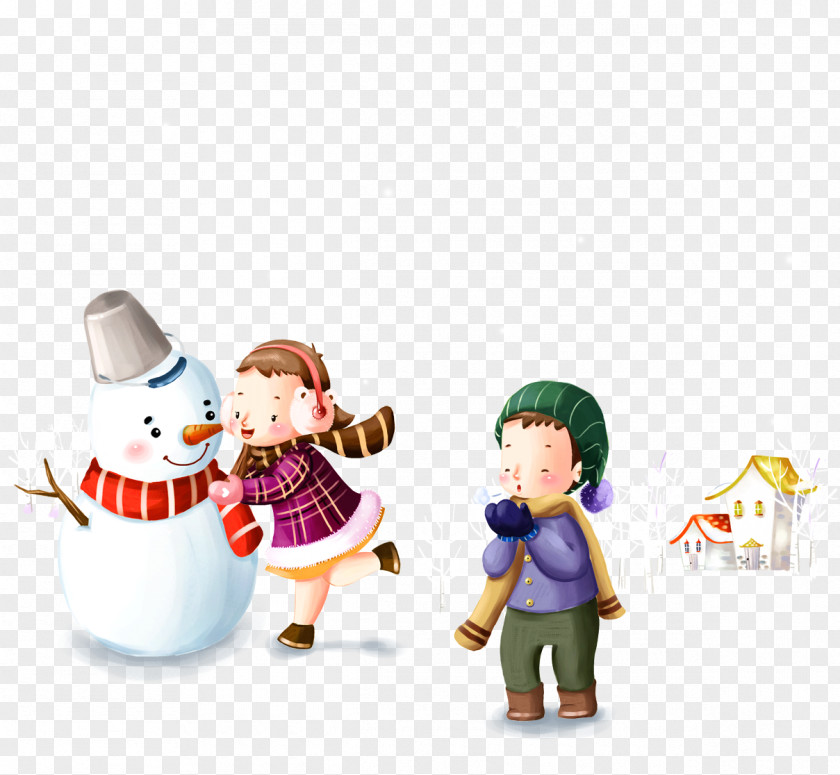 Snow Playing Children And Snowman Illustration Computer File PNG
