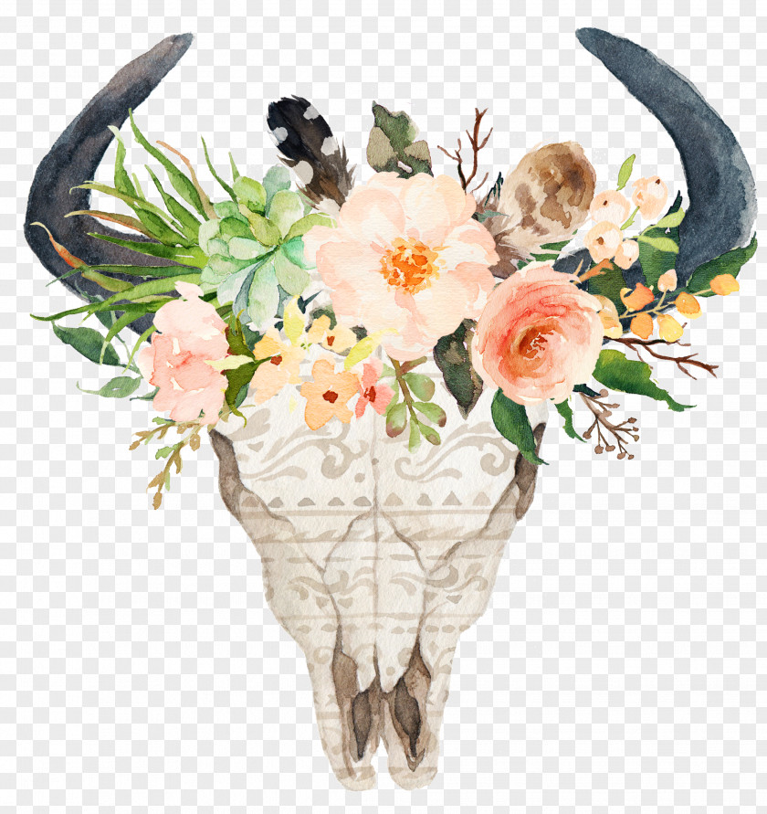 Cute Head Cattle Flower Skull Horn T-shirt PNG