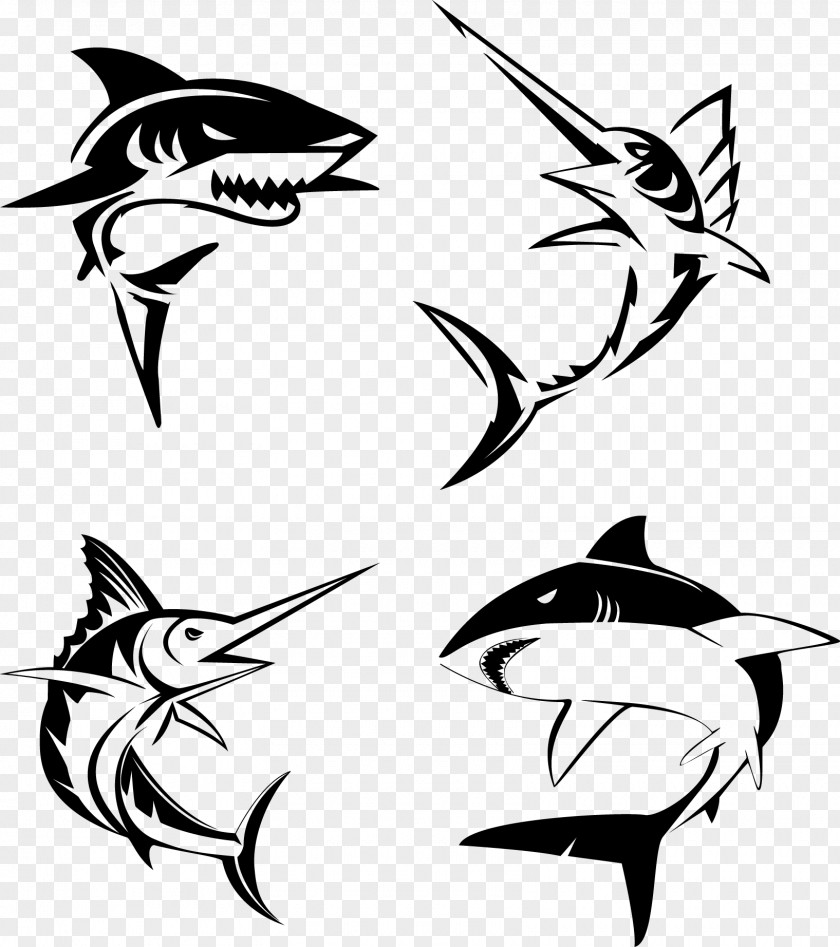 Decorative Four Black Shark Sailfish Atlantic Blue Marlin Fishing Clip Art PNG