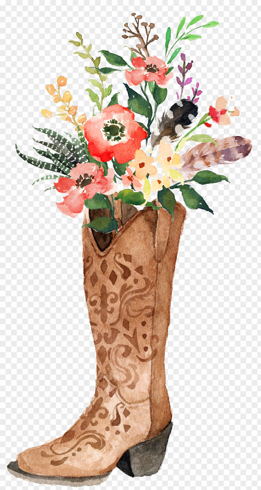 Sen Department Of Watercolor Flowers Bouquet Cowboy Boot Painting Boho-chic PNG