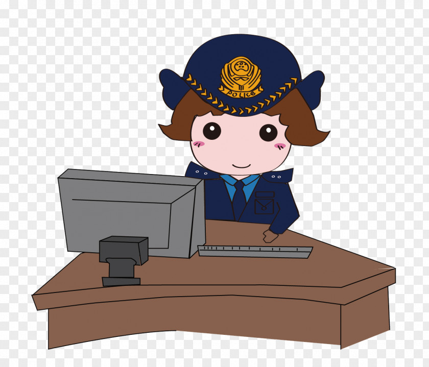Sitting In Front Of The Computer Special Police Cartoon Officer Chinese Public Security Bureau Illustration PNG