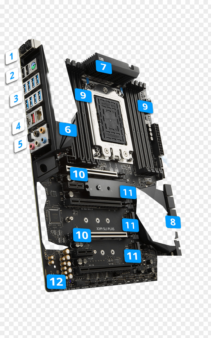 PS/2 Port Computer System Cooling Parts Motherboard Mainboard MSI X399 SLI PLUS PC Base AMD TR4 Form Factor ATX Socket Scalable Link Interface PNG