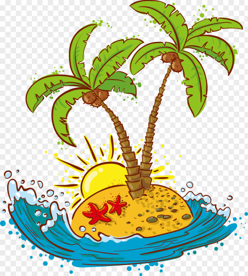 Vector Sun Wave Palm Coconut Cartoon PNG