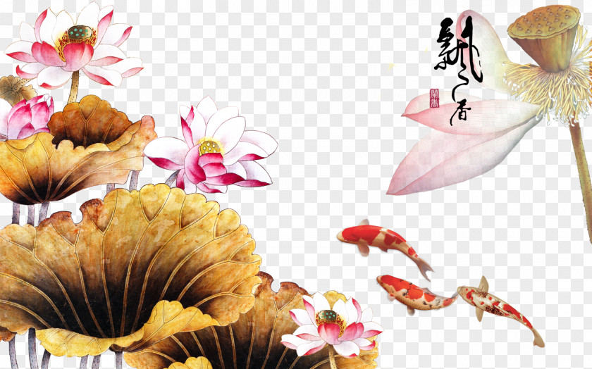 Lotus Leaf Fragrance Floral Design Mural Gongbi Wall PNG