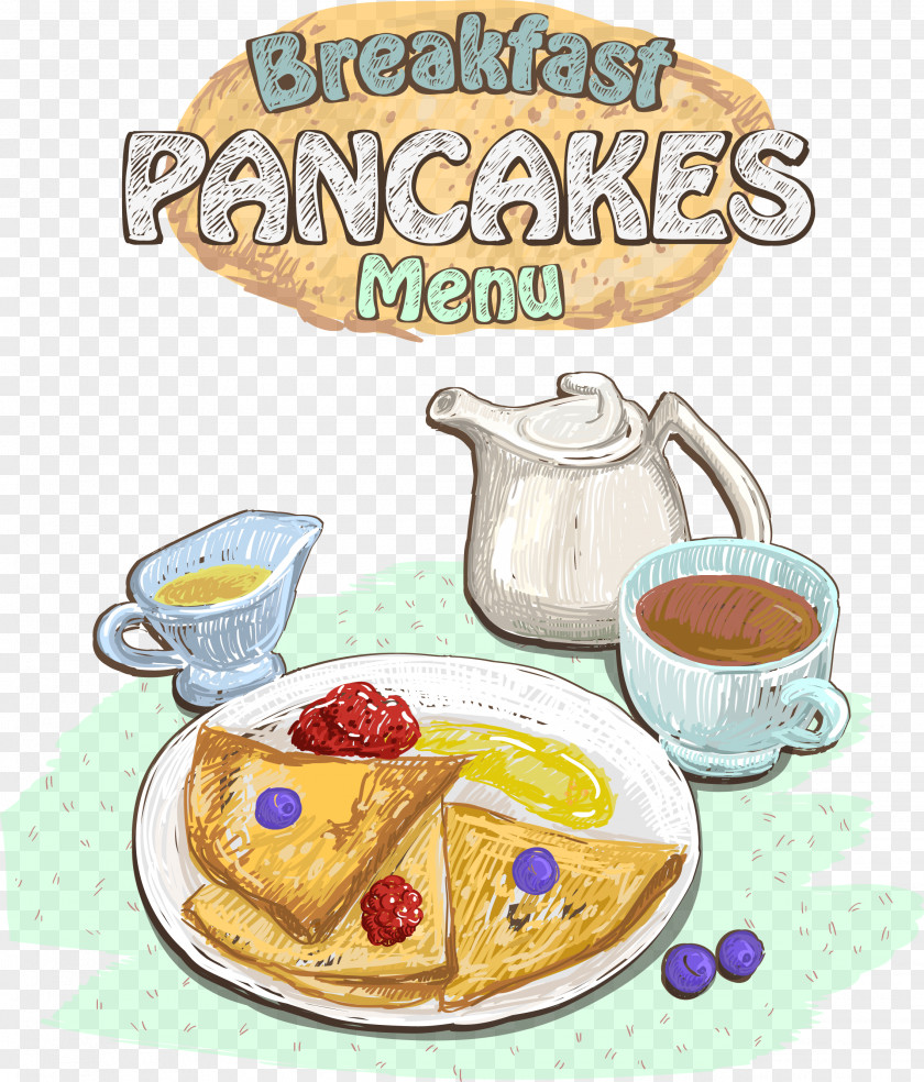 Vector Breakfast Menu Tea Coffee Pancake Croissant PNG