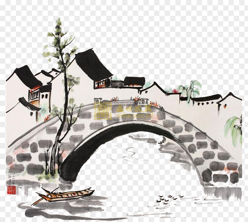 Bridge Ink Wash Painting Paper PNG