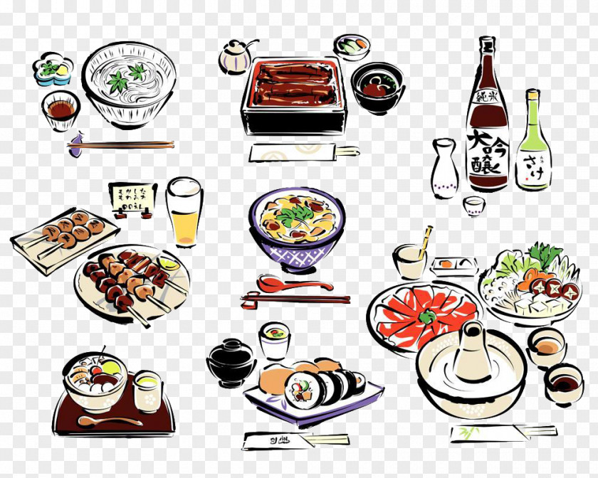 Cartoon Hand Painted Burger Sushi Japanese Cuisine Sake Drawing PNG