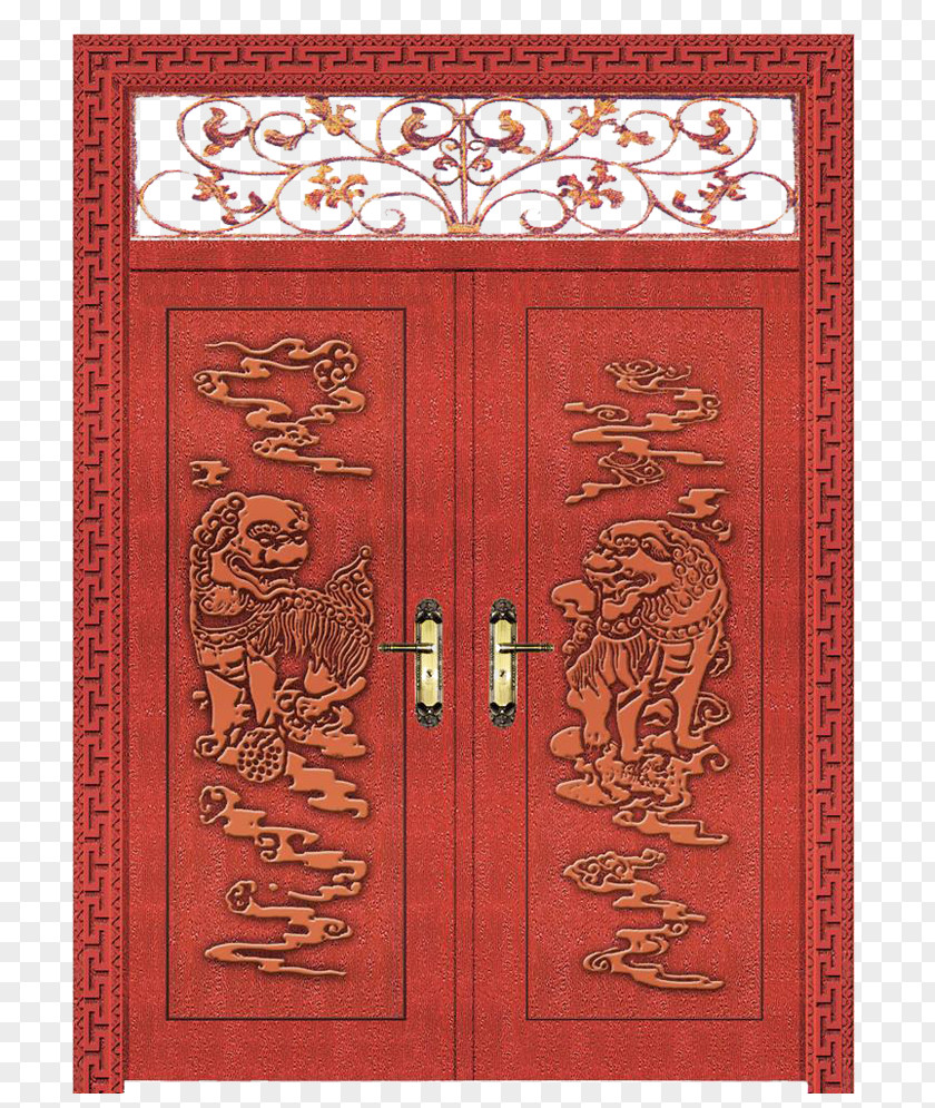 China Traditional Wooden Relief Hollow Red Gate Process Door Gongmen Wood PNG