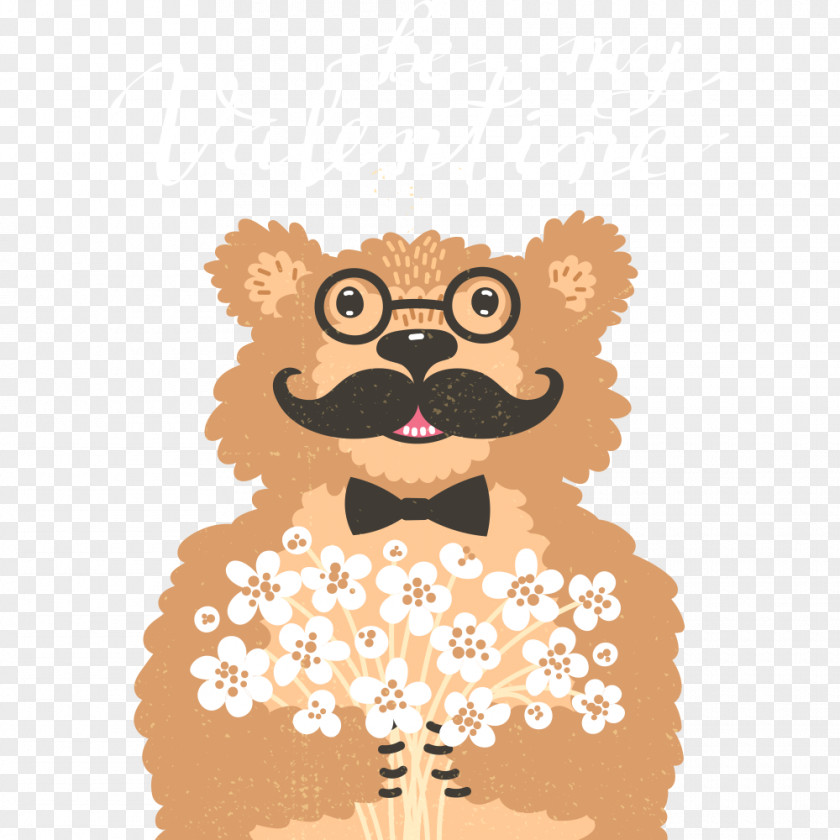 Bespectacled Cartoon Bear Flower Bouquet Valentines Day Illustration PNG