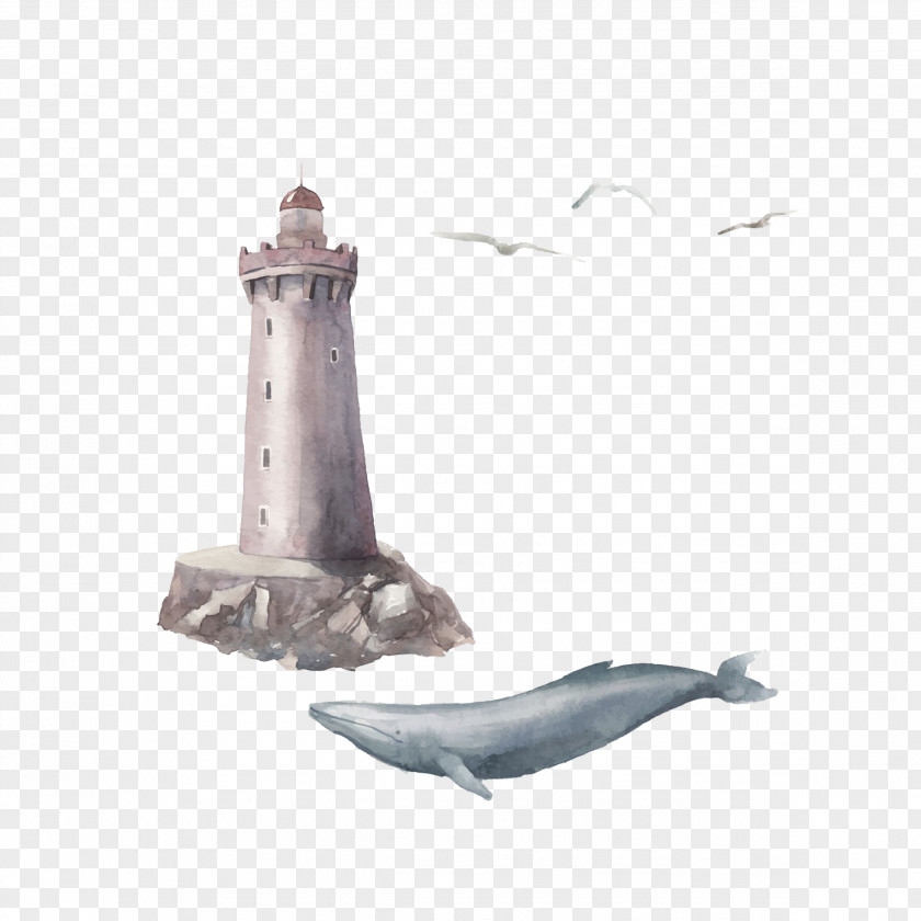 Watercolor Lighthouse And Whale Painting Illustration PNG
