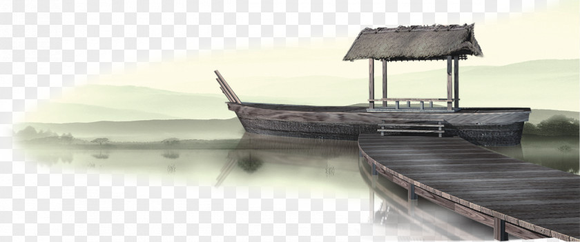 Wooden Boat Ink Wash Painting Chinoiserie PNG