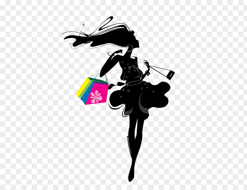 Shopping Silhouette Girl Illustration PNG Illustration, Fashion queen cartoon silhouette, woman with paper bags clipart PNG