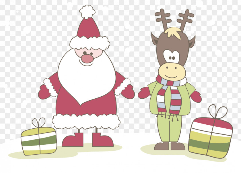 Santa Claus And Gifts Along With Elk Reindeer Christmas Gift PNG