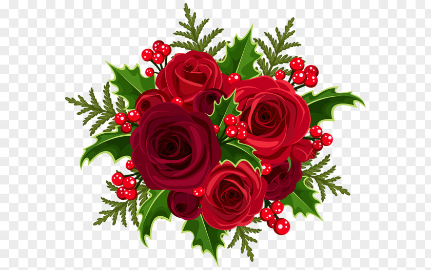 Red Rose Decorative Christmas Flower Bouquet Clip Art PNG