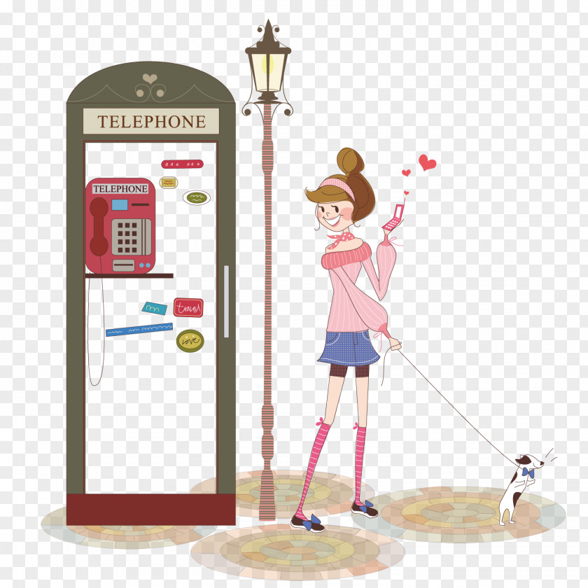 A Woman Standing In Front Of Telephone Booth Cartoon Illustration PNG