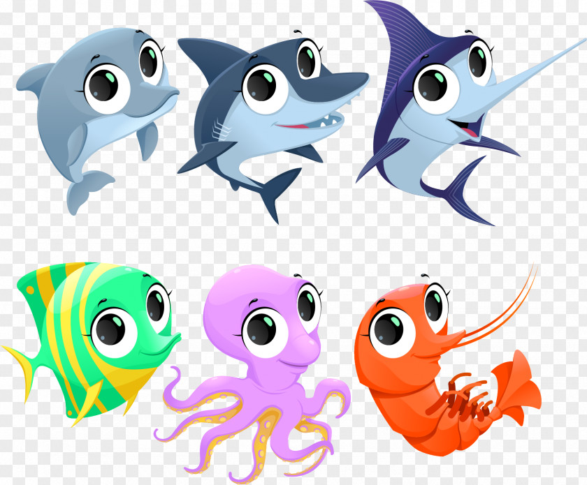 Vector Cute Marine Animals Cartoon Fish Illustration PNG