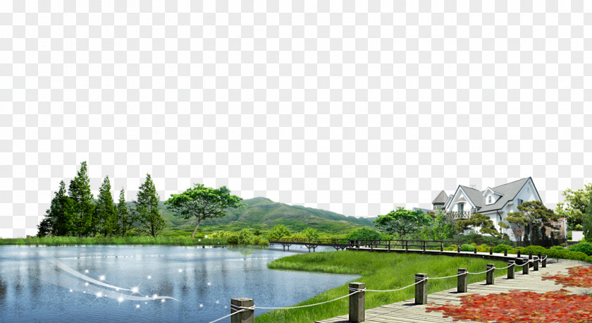 Lake House Leaves Background Material Real Estate Poster PNG