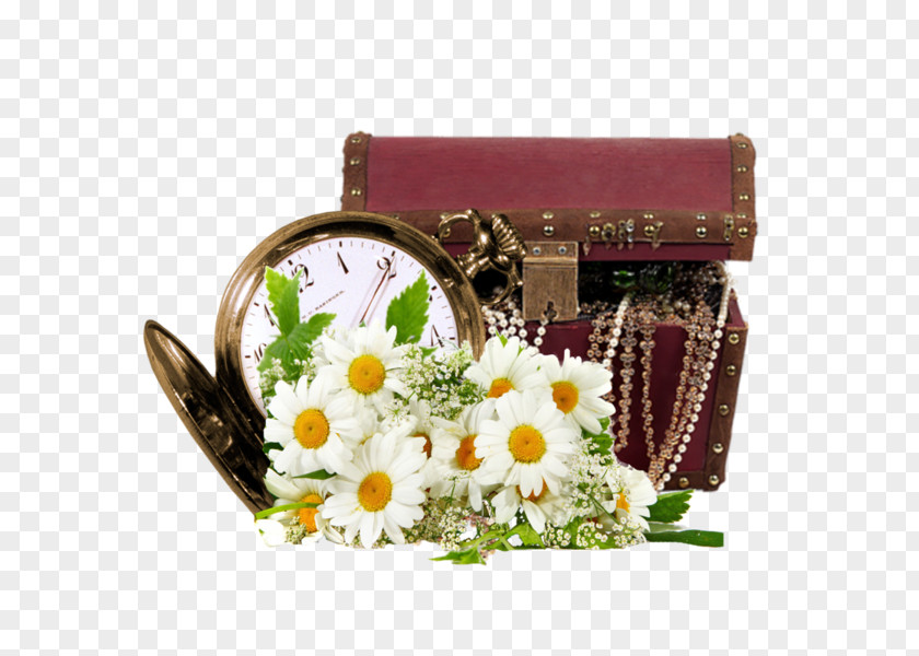 Alarm Clock And Chrysanthemum Flower White Floral Design Clip Art PNG