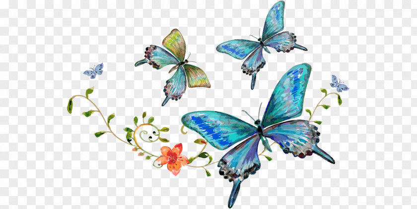 Cartoon Flowers Hand-painted Watercolor Blue Butterfly PNG