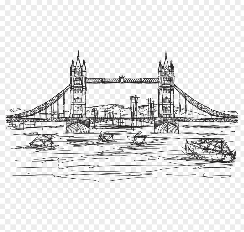 Hand Drawn Line Book London Bridge Statue Of Liberty Tower Drawing Illustration PNG