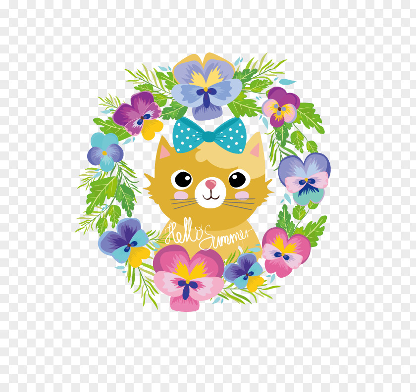 Wreath Kitten Cat Flower Cartoon PNG