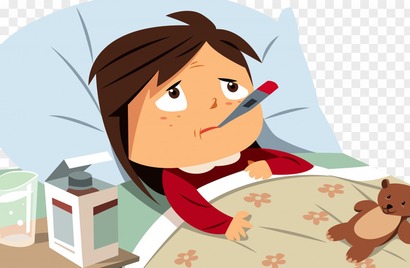 Sleep Girl PNG , Sick bed rest, girl lying on sucking thermometer illustration clipart PNG