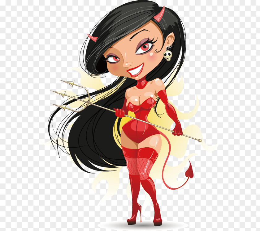 Cartoon Beauty Illustration PNG Illustration, Sexy devil woman holding a fork, black haired with horns illustration clipart PNG