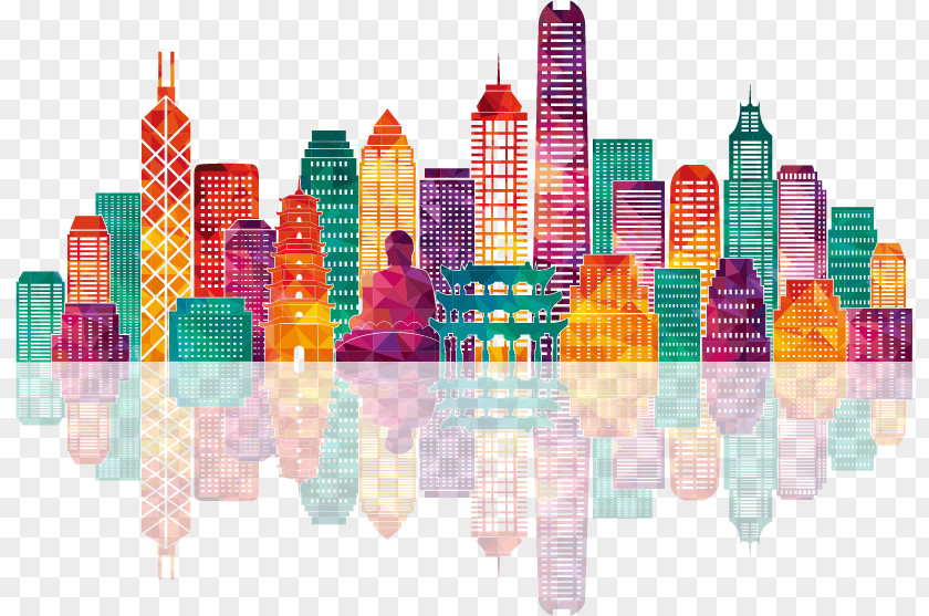 Colorful City Building Silhouettes Hong Kong Skyline Stock Illustration PNG