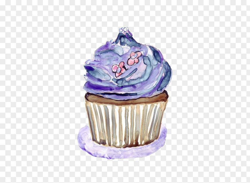 Purple Ice Cream Cupcake Watercolor Painting PNG