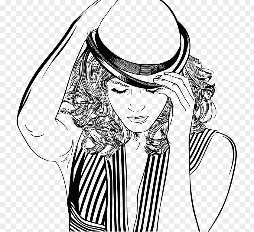 Woman With A Hat Line Art Clip PNG