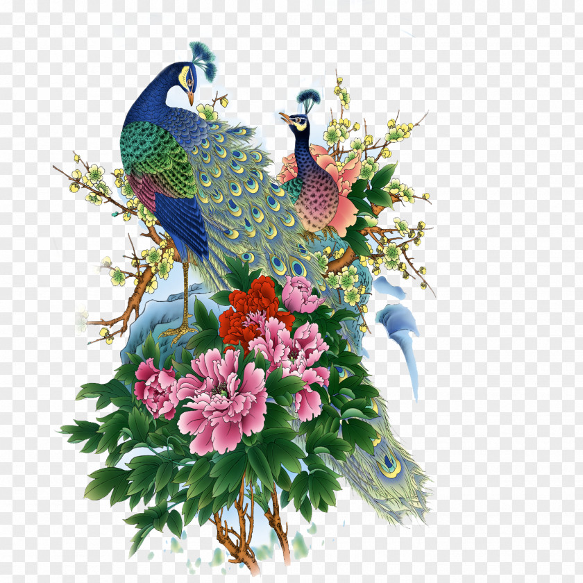 Birds And Flowers Asiatic Peafowl Bird Painting PNG
