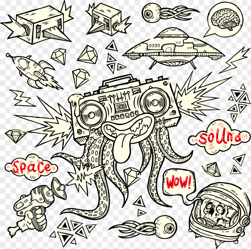 Hand-painted Abstract Creative Space Squid Radio And Other Elements Of T-shirt Designer Clothing Drawing Clip Art PNG