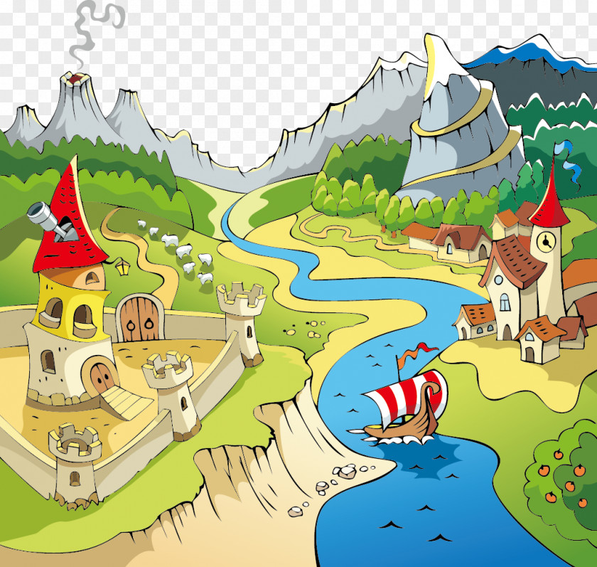 Vector Castle Mural Cartoon Wall Decal Illustration PNG