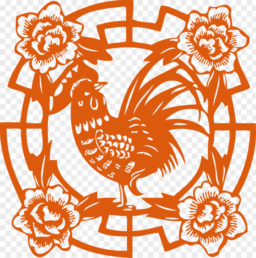 Orange Chinese Wind Cock Decoration Pattern Papercutting New Year Zodiac Rooster PNG