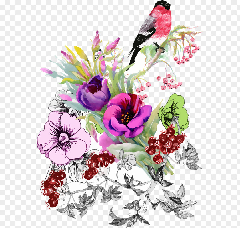 Watercolor Bird Flower Painting Drawing PNG