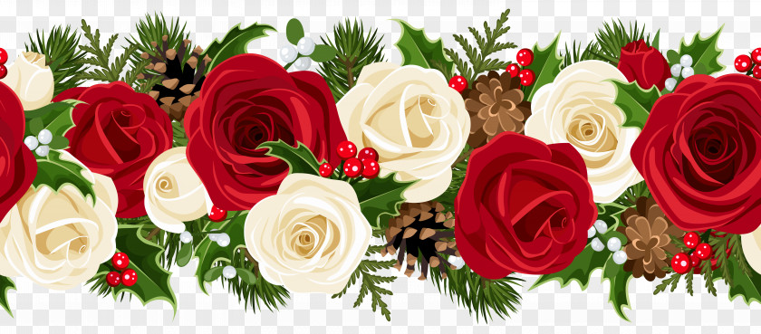 Red Rose Border Christmas Flower Garland Clip Art PNG