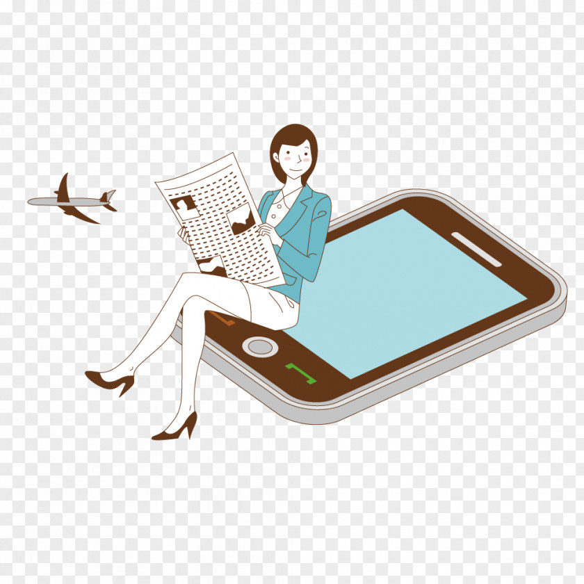 Smartphone Sitting Reading The Newspaper Woman Download Cartoon Illustration PNG