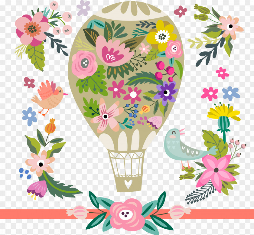Flowers And A Hot Air Balloon Illustration Cartoon PNG