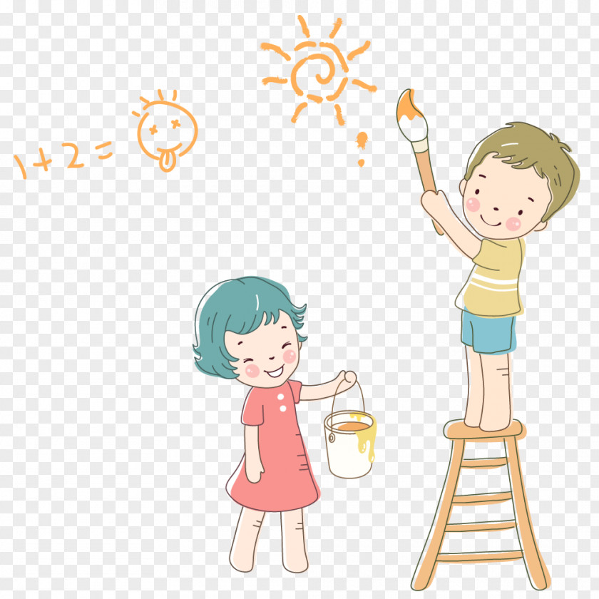 He Is Drawing Men And Women Child Painting Cartoon Illustration PNG