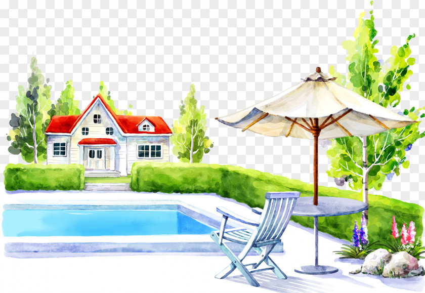 Family Pool And Chairs Swimming Table Cartoon Illustration PNG