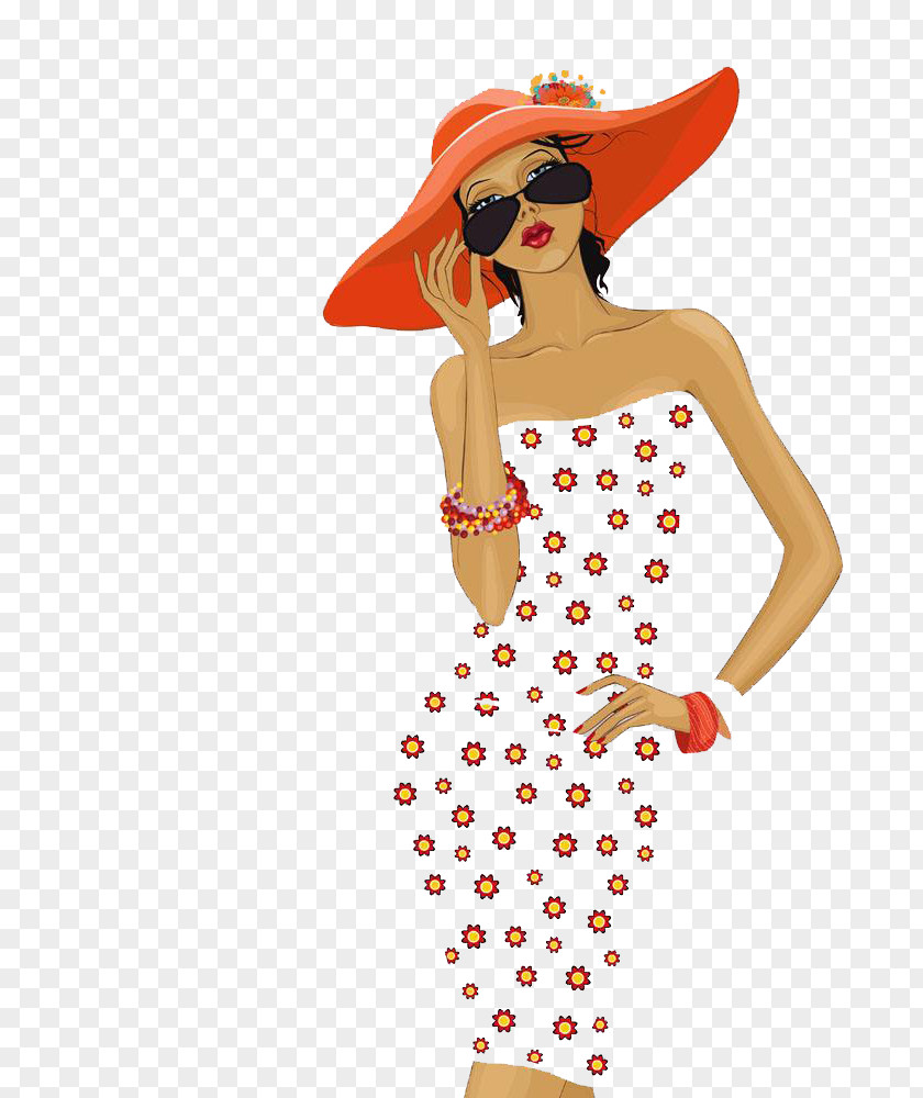 Girl Female Stock Photography Illustration PNG photography Illustration, Beauty with sunglasses, woman wearing brown strapless dress and orange hat illustration clipart PNG