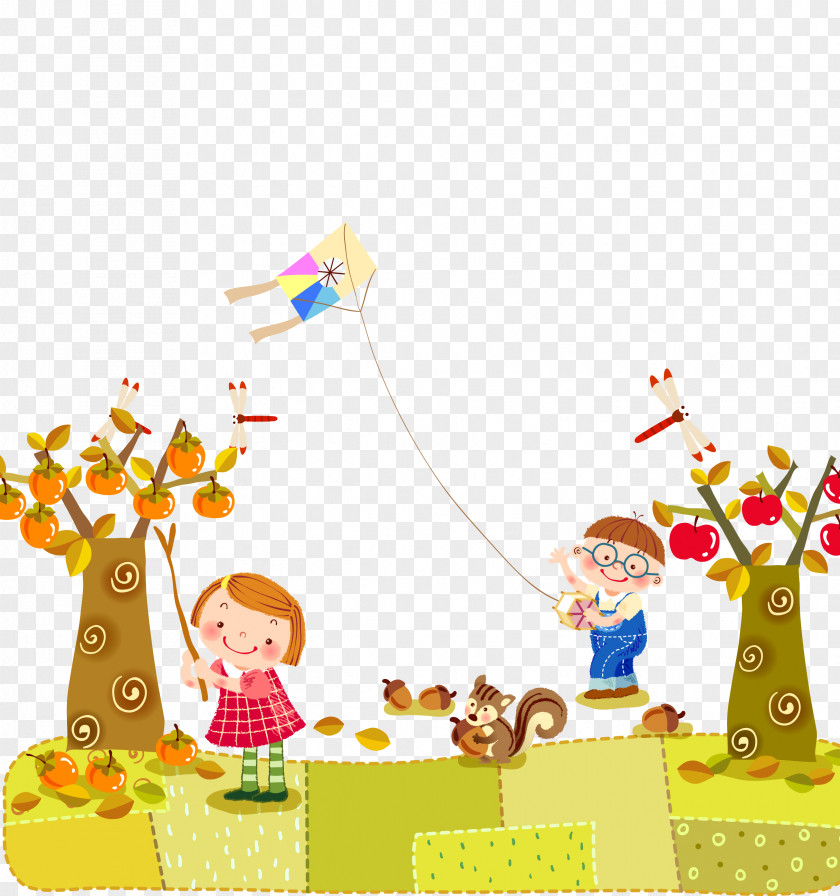 Fall Flying Kites Child Autumn Illustration PNG