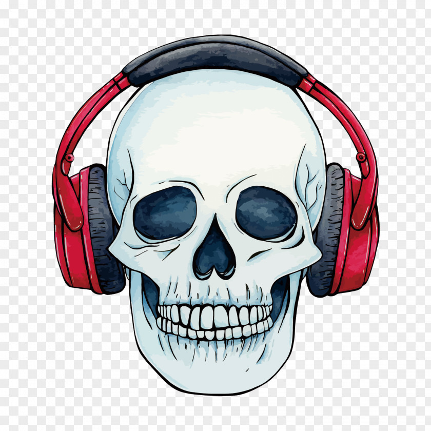 Skull PNG Skull, listen to music skull, gray skull wearing headphone clipart PNG