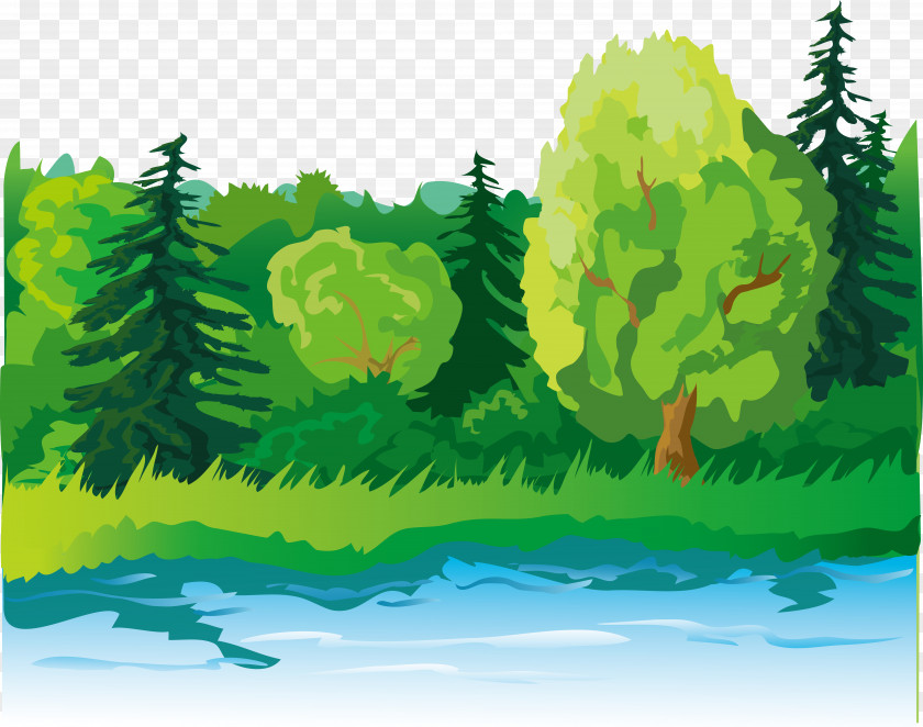 Cartoon Trees Lake Illustration PNG