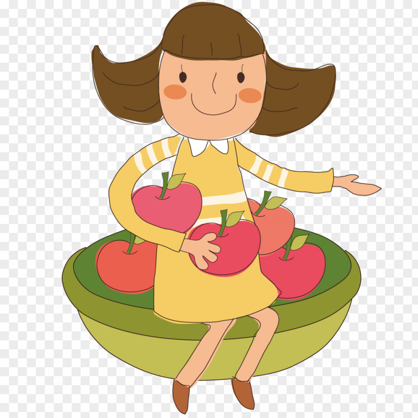 The Basket Of Apples Illustration PNG of Illustration, Girl sitting on a basket apples clipart PNG