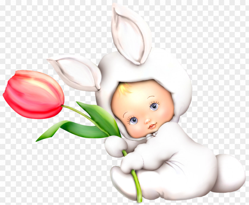 Easter Bunny Kid With Tulip Clipart Picture Happiness Love Illustration PNG