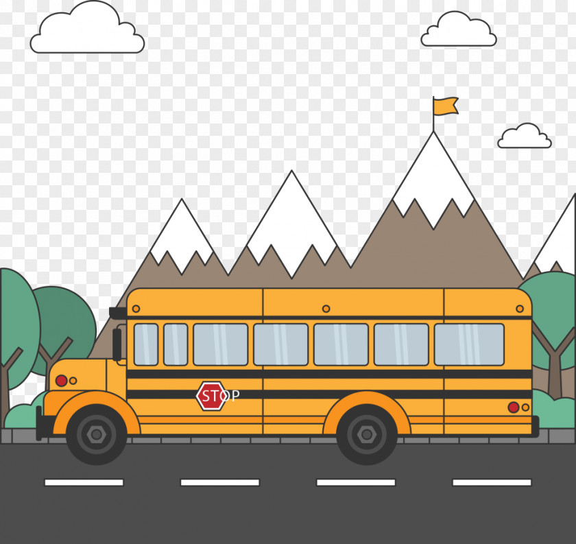 Vector School Bus And Hills Illustration PNG