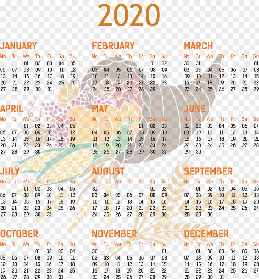 2020 Yearly Calendar Printable Template Full Year PNG