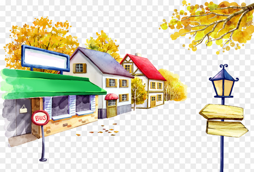 Street And Houses Bus Stop Cartoon Illustration PNG