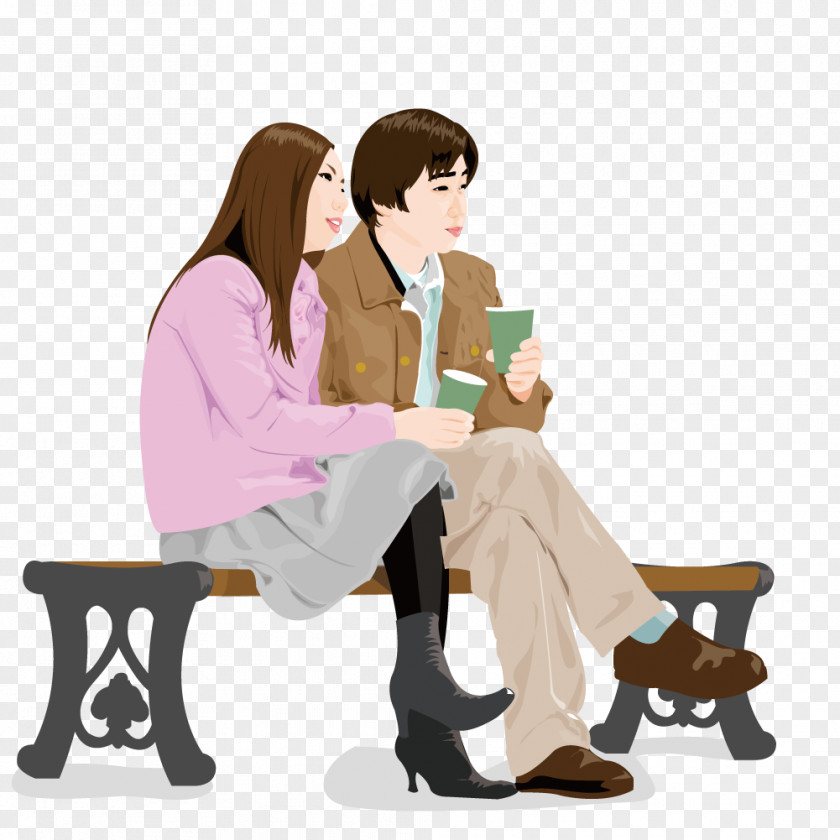 Take A Cup Sitting On Bench Couple Cartoon Illustration PNG